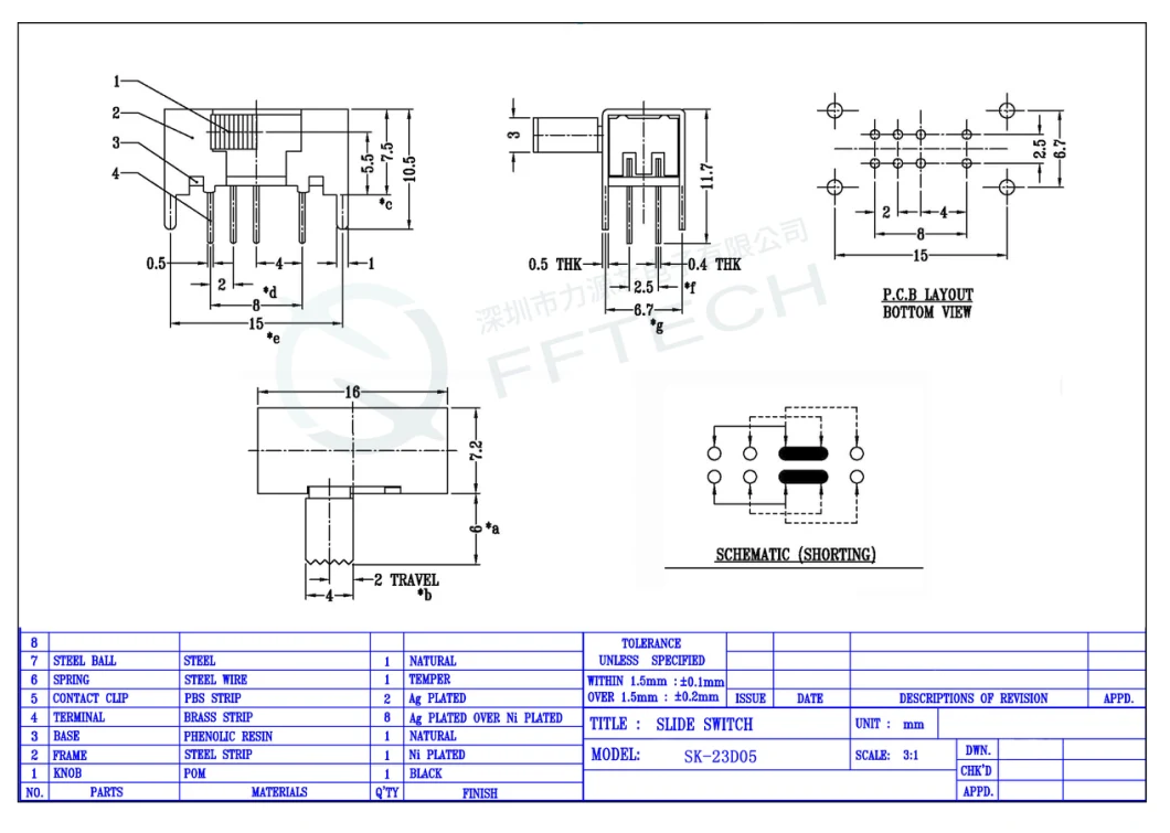 High Quality Sk-23D05 Dp3t Right Angle DIP Type 8 Terminals 90 Degree Three Gears Toggle Switch Mini Slide Switch