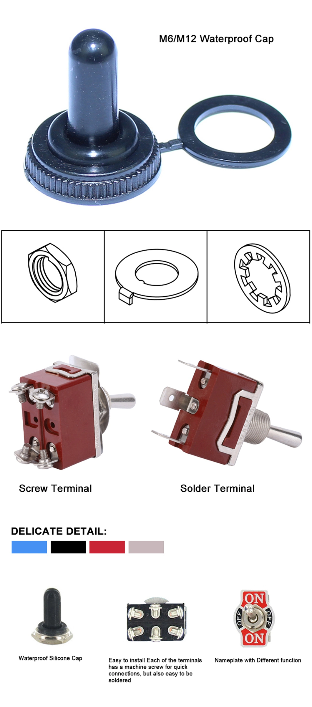 Red 3pins M6 on off on 3 Position Mini Toggle Switch with PC Terminals