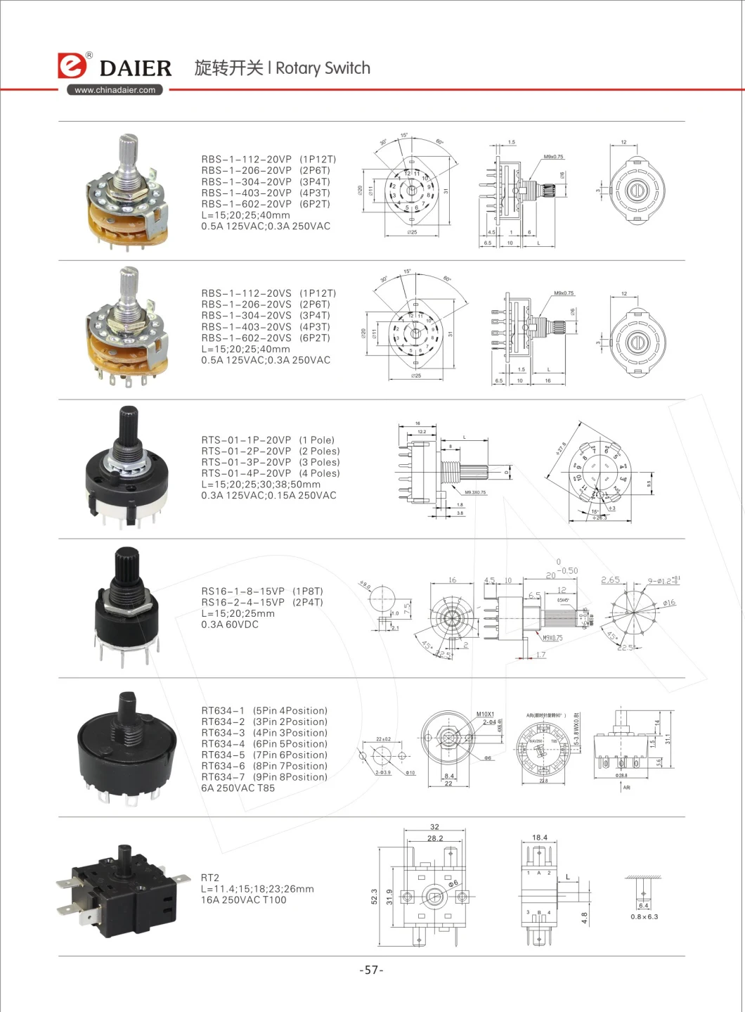 0.5A 125VAC Metal 2/3/4/6/12 Position Selector PCB Rotary Switch